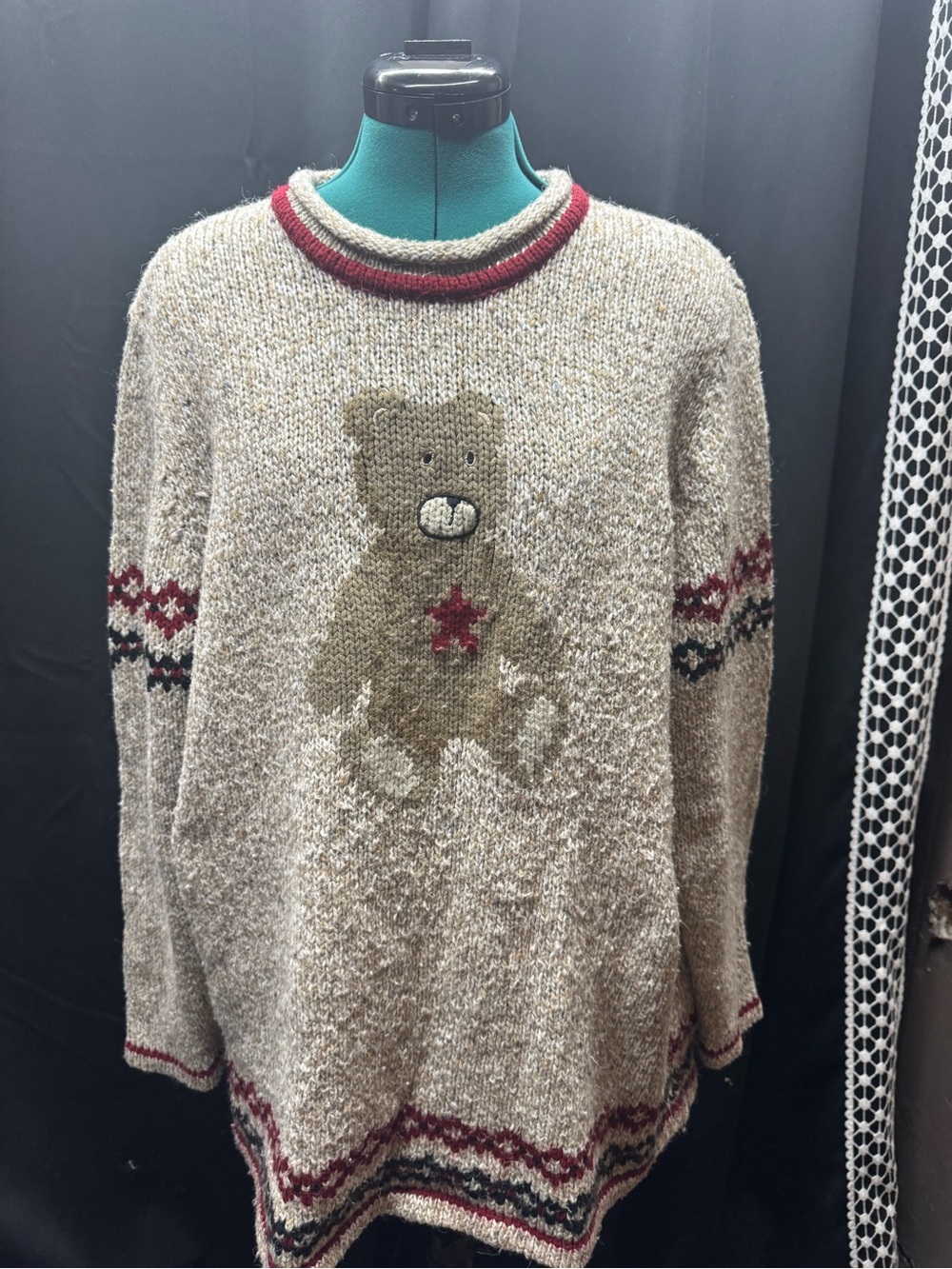 CJ Banks Cream Teddy-Bear Crew Sweater with Red Trim